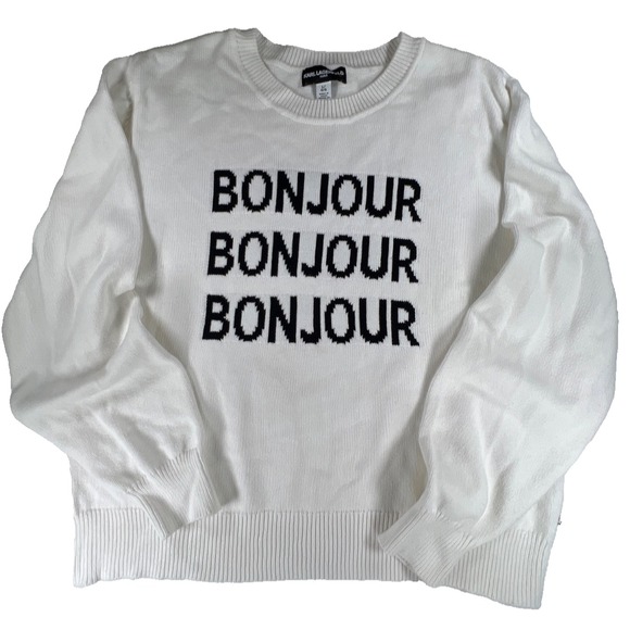 Karl Lagerfeld Sweaters - Karl Lagerfeld Paris Women’s Sweater Large White Bonjour Black Lettering Classic